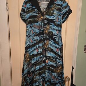 Unique Vintage Blue and Black Scenic Print Dress